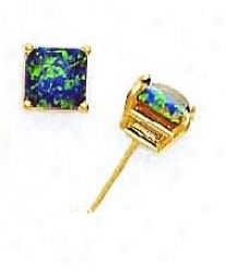 14k Yellow 7 Mm Square Mystic Green Opal Earrings