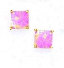 14k Yellow 7 Mm Square Pink Opal Post Stud Earrings