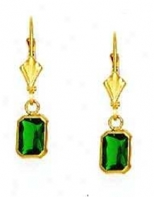 14k Yellow 7x5 Mm Emerald-cut Emerald-green Cz Leave Earrings
