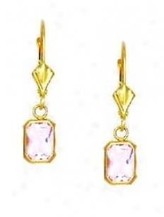 14k Yellow 7x5 Mm Emerald-cut Rose-pink Cz Drop Earrings