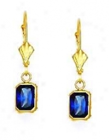 14k Yellow 7x5 Mm Emerald-cut Sapphire-blue Cz Drop Earrings