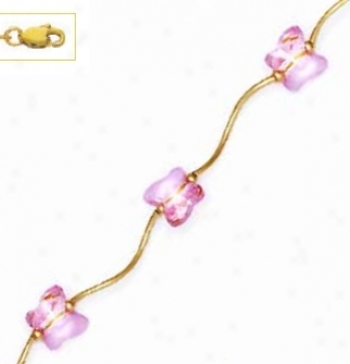 14k Yellow 8 Mm Butterfly Pink Crystal Necklace