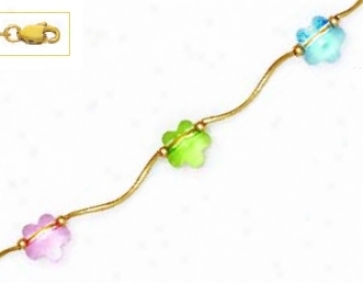 14k Yellow 8 Mm Flower Blue Pink And Green Crystal Necklace -