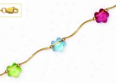 14k Yellow 8 Mm Flower Green Blue And Red Crystal Necklace -