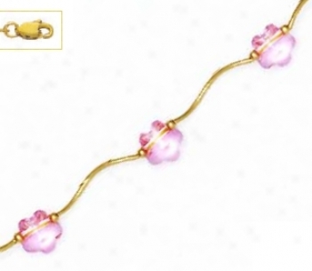 15k Yellow 8 Mm Flower Pink Crystal Necklace - Choice 18-inch