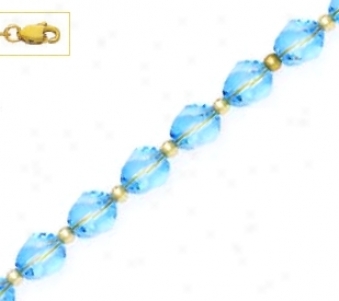 14k Yellow 8 Mm Helix Blue Crystal Bead Station Necklace - Ch