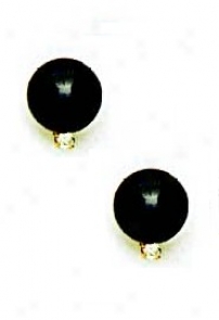 14k Yellow 8 Mm Round Negro Crystal Pearl Cz Earrings