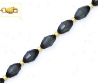 14k Yellow 9x6 Mm Barrel Black Crystal Bead Place Necklace