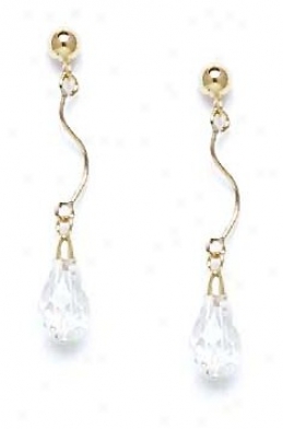 14k Yellow 9x6 Mm Briolette Clear Crystal Drop Earrings