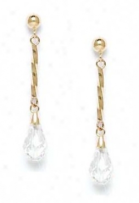 14k Yellow 9x6 Mm Briolette Clear Crystal Earrings