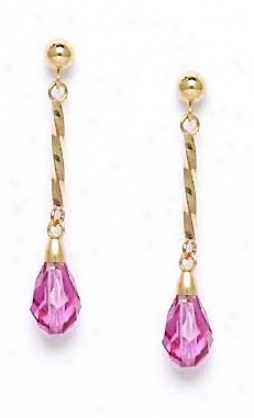 14k Yellow 9x6 Mm Briolette Dark-rose Crystal Earrings