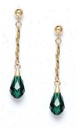 14k Yelloa 9x6 Mm Briolette Erinite-green Crystal Earrings