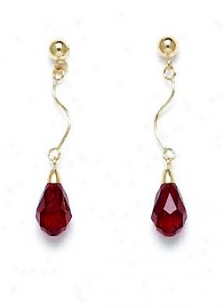 14k Yellow 9x6 Mm Briolette Ganet-red Cryystal Drop Earrings