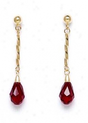 14k Yellow 9x6 Mm Briolette Garnet-red Crystal Earrings