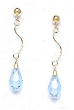 14k Yellow 9z6 Mm Briolette Light-aqua Crystal Drop Earrings