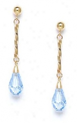 14k Yellow 9x6 Mm Briolette Light-aqua Crystal Earrings