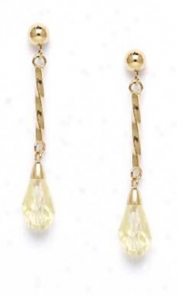 14k Yellow 9x6 Mm Briolette Light-cream Crystal Earrings