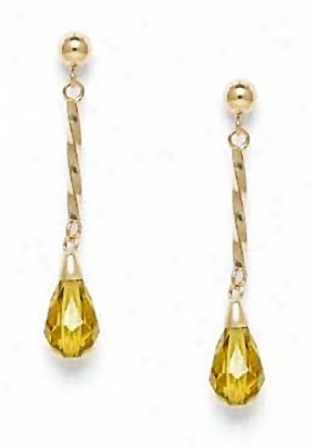 14k Yellow 9x6 Mm Briolette Lime-yellow Crystal Earrings