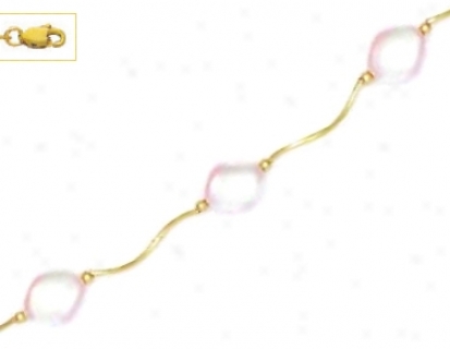 14k Yellow 9x8 Mm Curved Light-rose Crystal Pearl Necklace