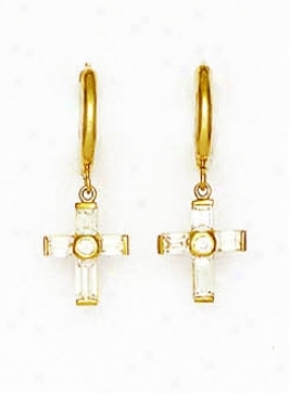 14k Yellow Baguette And Round Cz Drop Cross Hinged Earrings