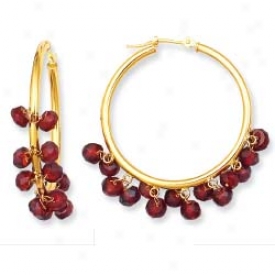 14k Yellow Bead Hoop Garnet Earrings