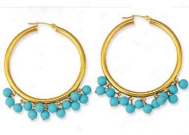 14k Yellow Bead Hoop Turquoise Earrings