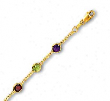 14k Yellow Besel Set Stston Gemstone Anklet - 10 Inch