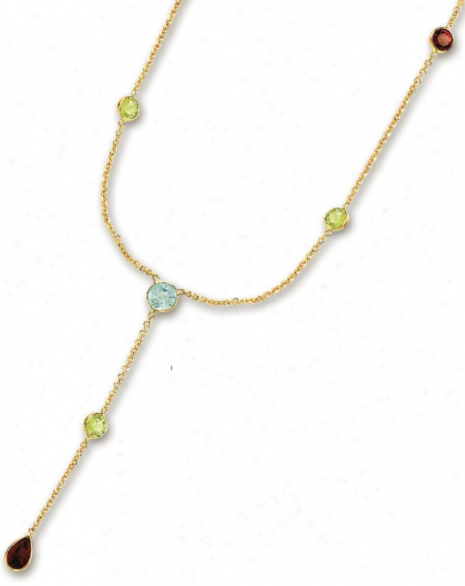 14k Yeliow Besel Set Y Gemstone Necklace - 17 Inch