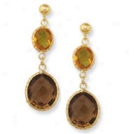 14k Yellow Bezel Bold Oval Drop Smokey Topaz Earrings