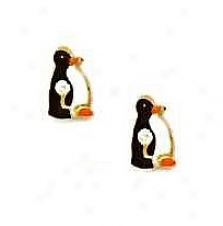 14k Yellow Black And White Enamel Childrens Penguin Earrinsg