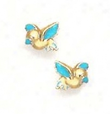 14k Yellow Blue Enamel Childrens Bird Screw-back Earrings