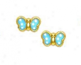 14k Yellow Blue Ename Childrens Butterfly Earrings