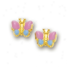 14k Yellow Butterfly Childrens Stud Enamel Erarings