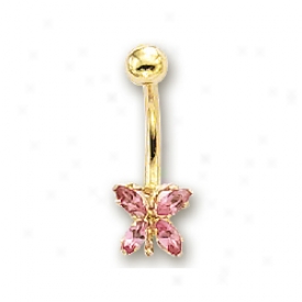 14k Yellow Butterfly Pink Toumaline Belly Ring