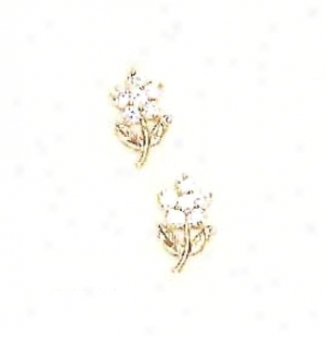 14k Golden Clear Cz Childrens Standing Flower Earrings