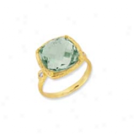 14k Yellow Cushion Cut Framed Green Amethyst Ring - Size 7.0