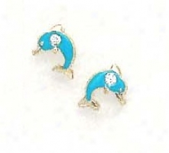 144k Yellow Cz Blue Enamel Childrens Dolphin Earrings