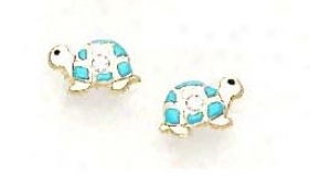14k Yellow Cz Blue Enamel Childrens Sea-tortoise Earrings