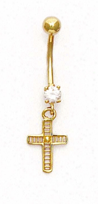 14k Yellow Cz Cross Belly Ring