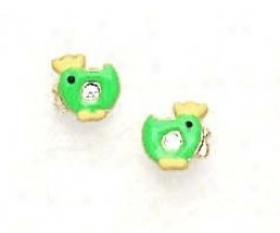 14k Yellow Cz Green Enamel Childrens Chicken Earrings