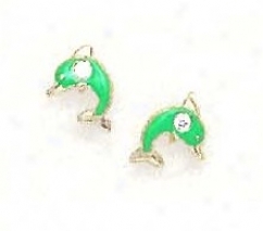 14k Yellow Cz Green Enamel Childrens Dolphin Earrings