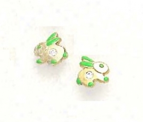 14k Yellow Cz Green Enamel Childrens Rabbit Earrings