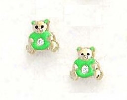 14k Golden Cz Green Enamel Childrens Teddy Bear Earrings