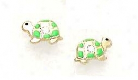 14k Yellow Cz Green Enamel Childrens Turtle Earrings