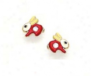 14k Yellow Cz Re dEnamel Childrens Rabbit Earrings