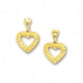 14k Yellow Diamond-cut Dangling Open Heart Shaped Earrings