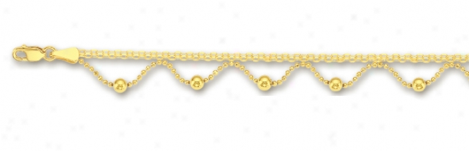 14k Yellow Drop Ball And Bead Station Anklet - 10 Inch