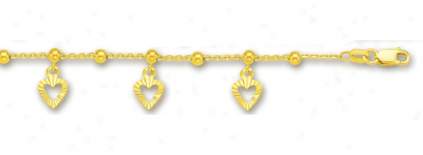 14k Yellow Drop Open Heart Station Anklet - 10 Inch