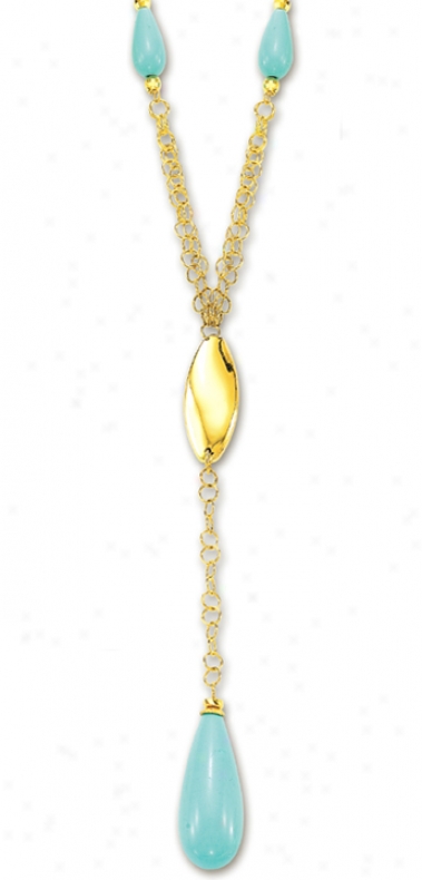 14k Yellow Graceful Y Drop Turquoise Necklace - 17 Inch