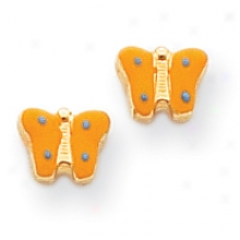 14k Yellow Enameled Butterfly Childrens Earrings